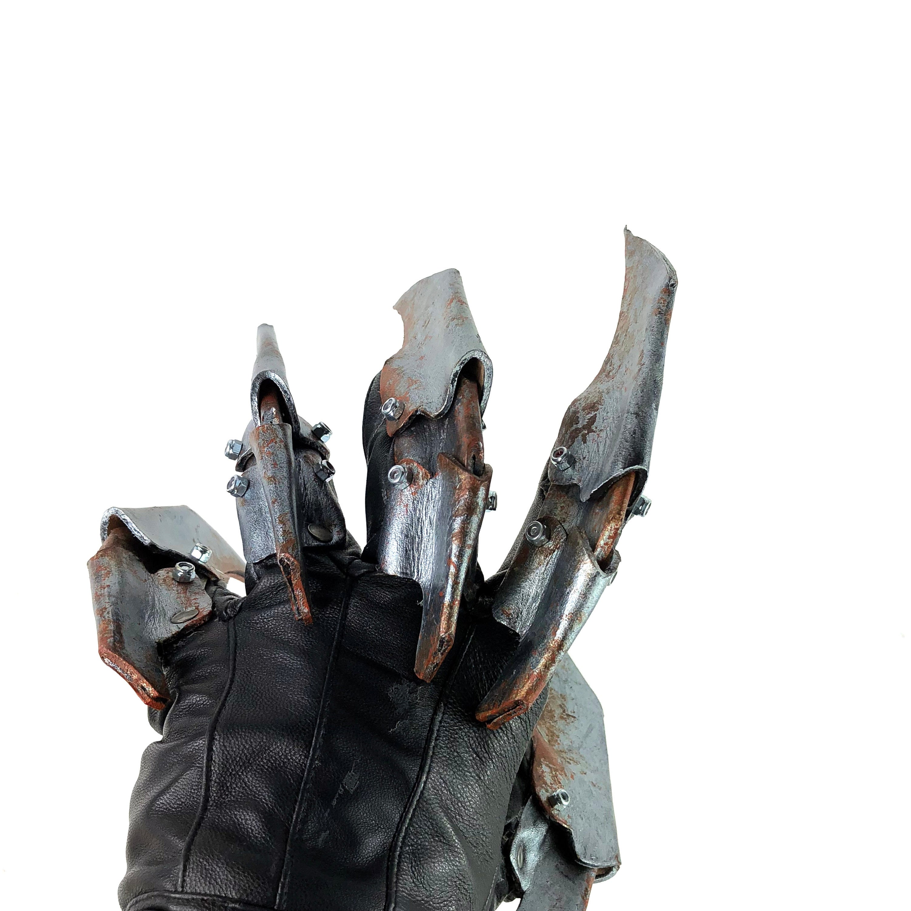 One Set of Two Handcrafted Genuine Leather Gloves with Claws in Rusted Metal Paint