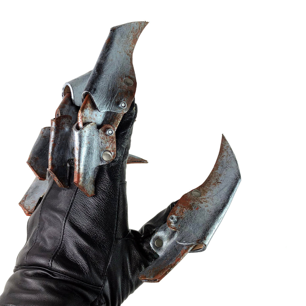 One Set of Two Handcrafted Genuine Leather Gloves with Claws in Rusted Metal Paint