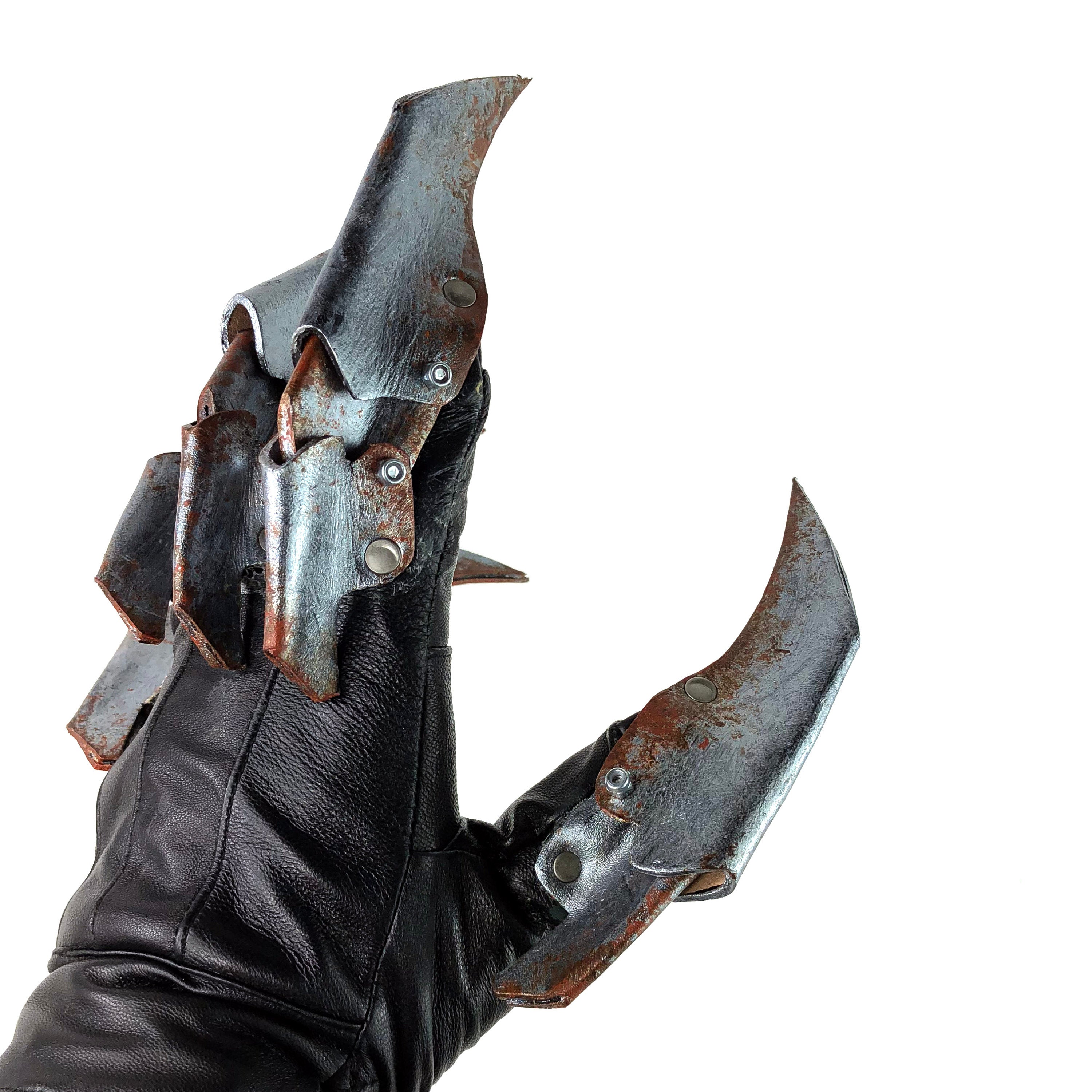 One Set of Two Handcrafted Genuine Leather Gloves with Claws in Rusted Metal Paint