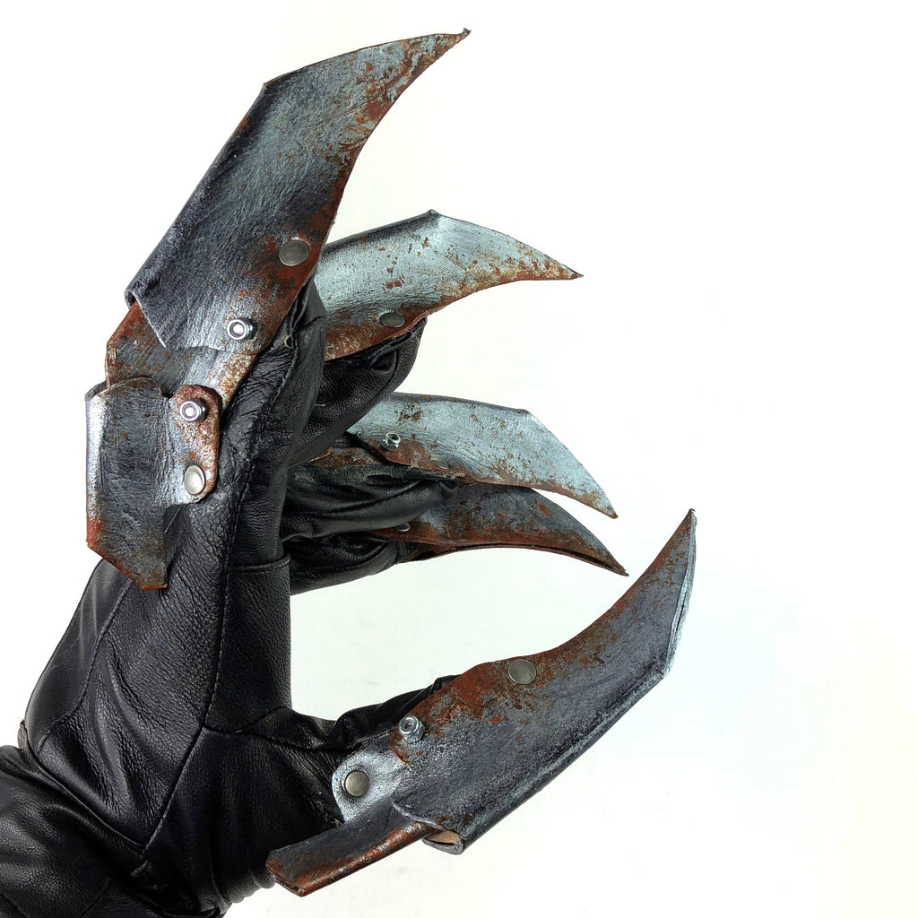 One Set of Two Handcrafted Genuine Leather Gloves with Claws in Rusted Metal Paint