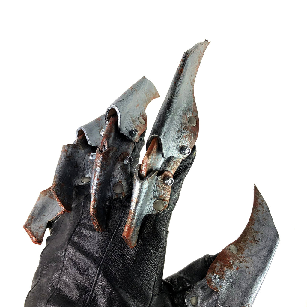 One Set of Two Handcrafted Genuine Leather Gloves with Claws in Rusted Metal Paint