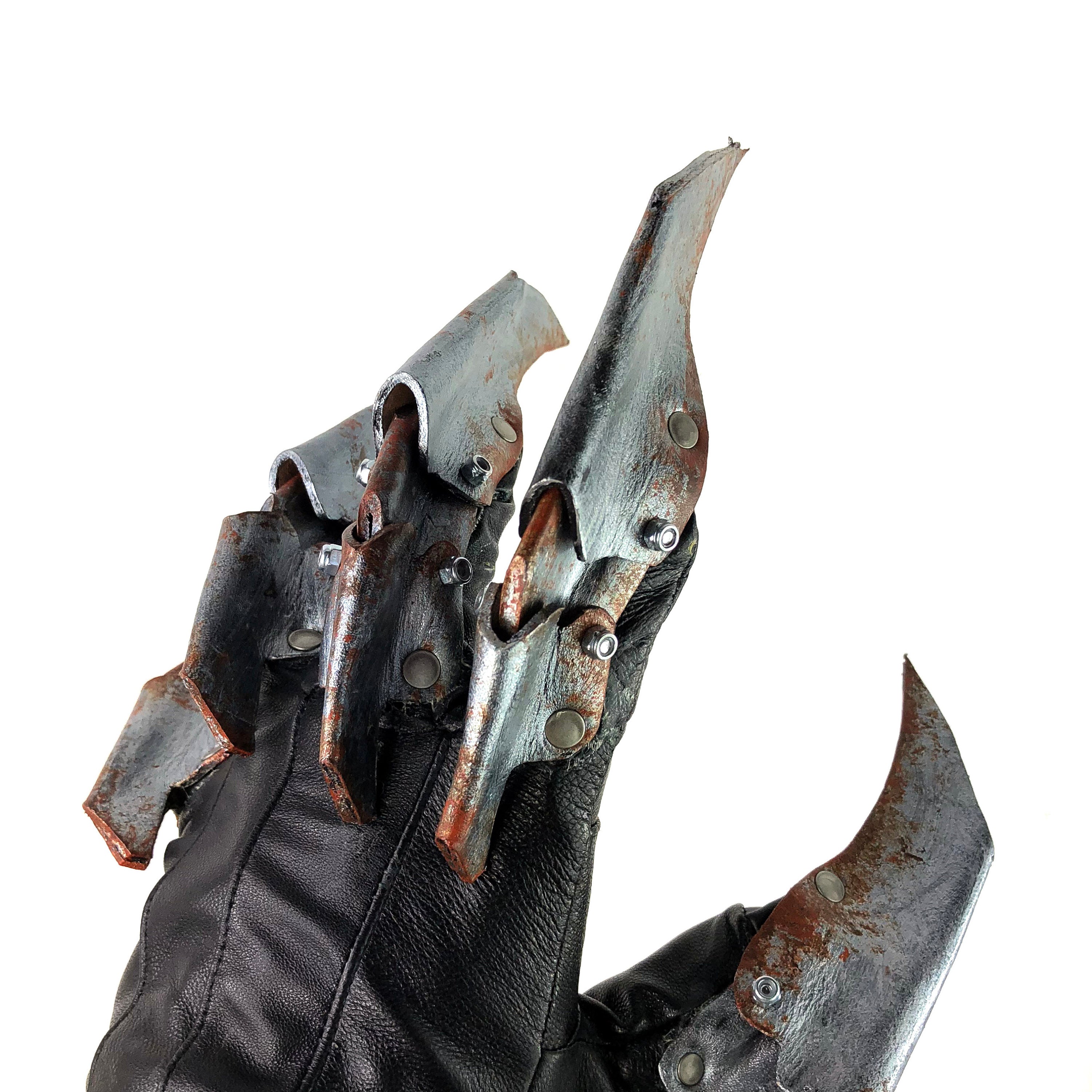 One Set of Two Handcrafted Genuine Leather Gloves with Claws in Rusted Metal Paint