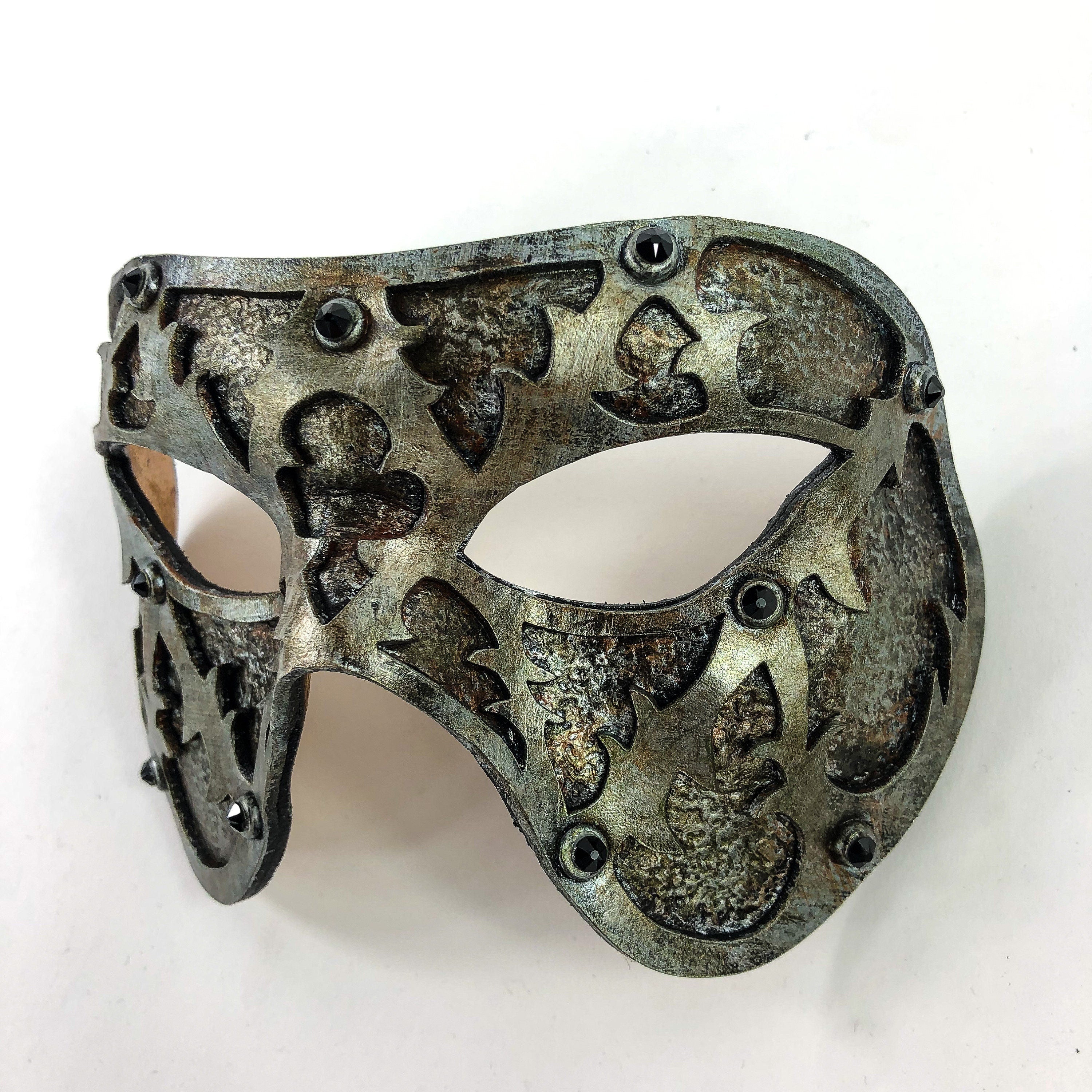 Dual Layer Handmade Genuine Leather Mask in Silver Rust with Swarovski Crystals