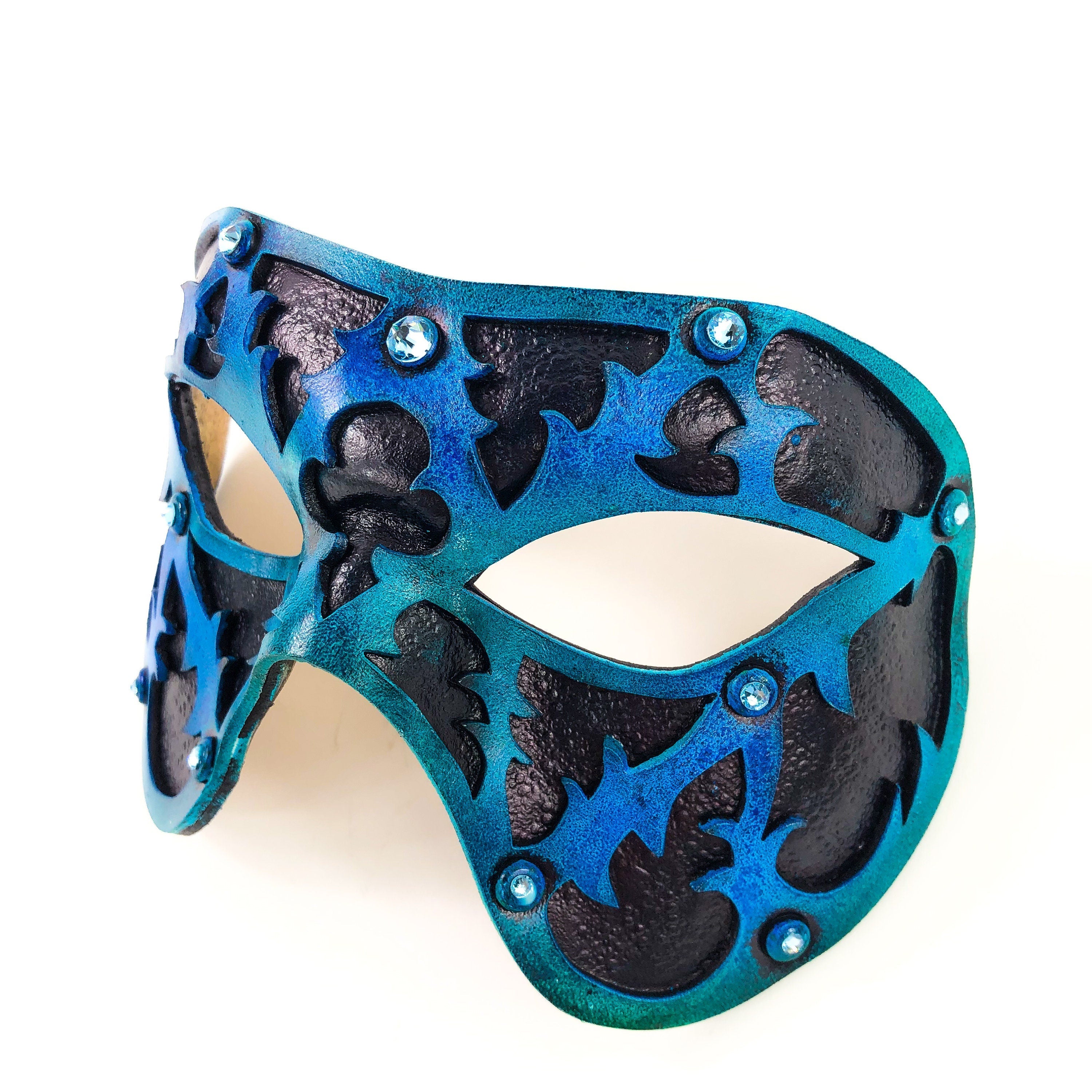 Dual Layer Handmade Genuine Leather Mask in Blue and Black with Swarovski Crystals