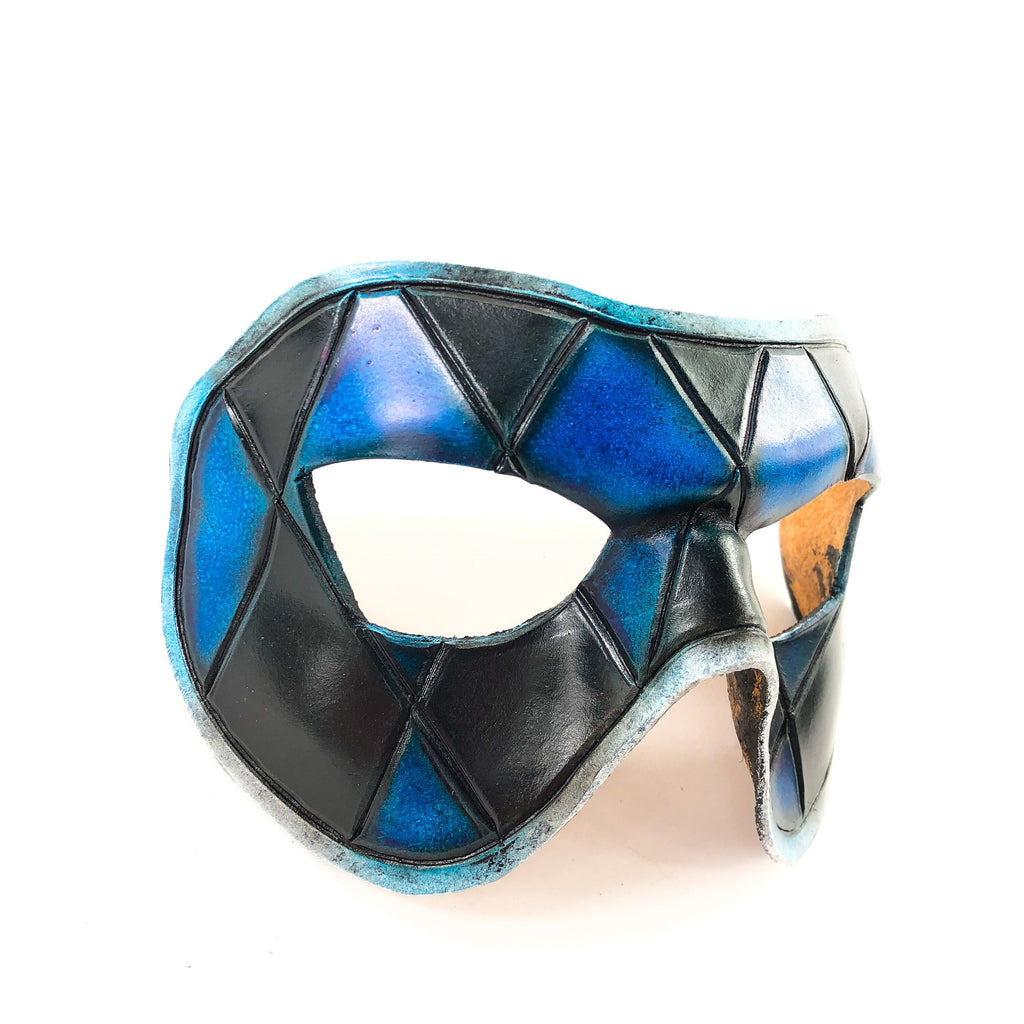 Harlequin Handmade Genuine Leather Mask in Black and Blue