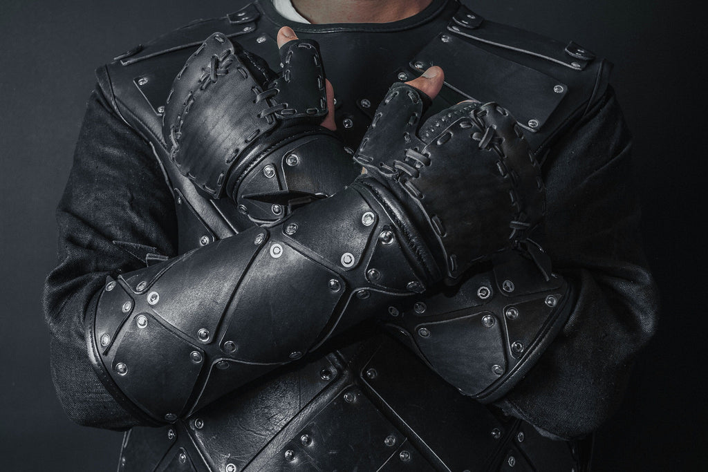 Medieval leather bracers with hand protection