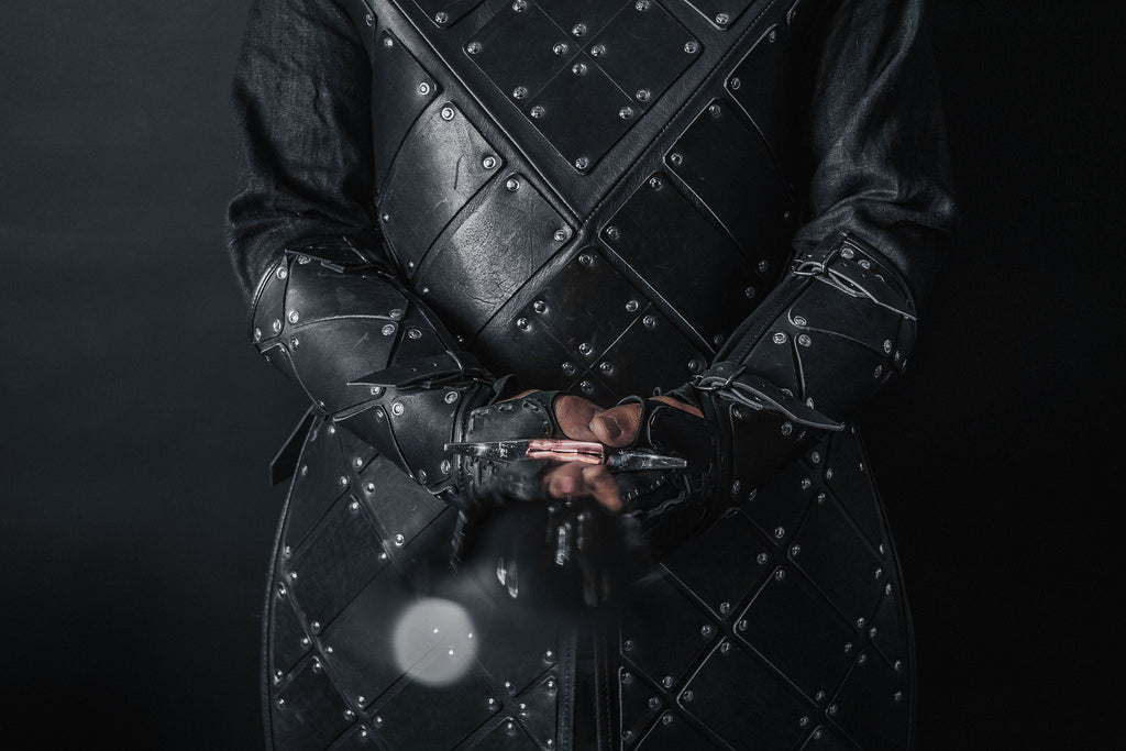 Medieval leather bracers with hand protection