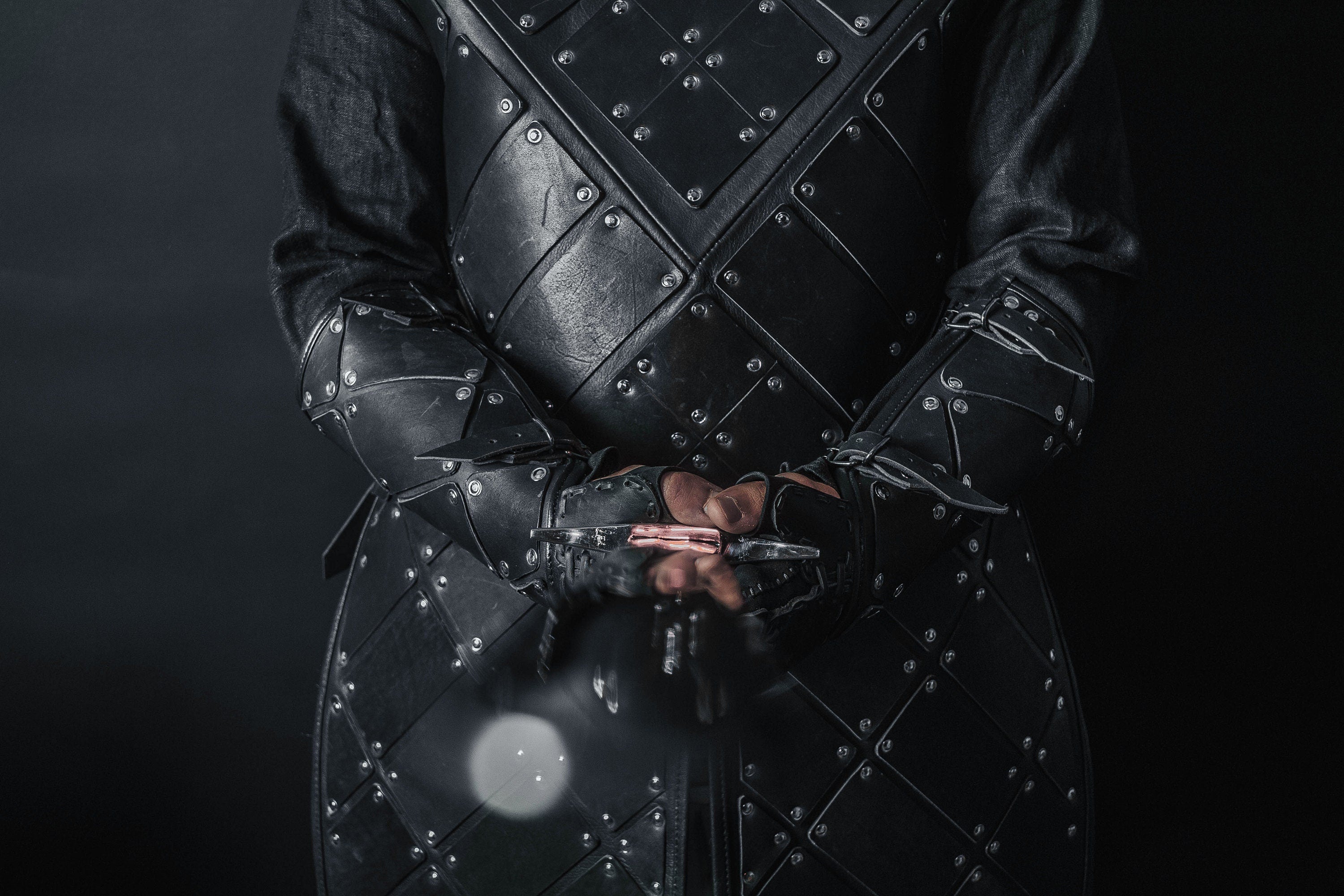 Medieval leather bracers with hand protection