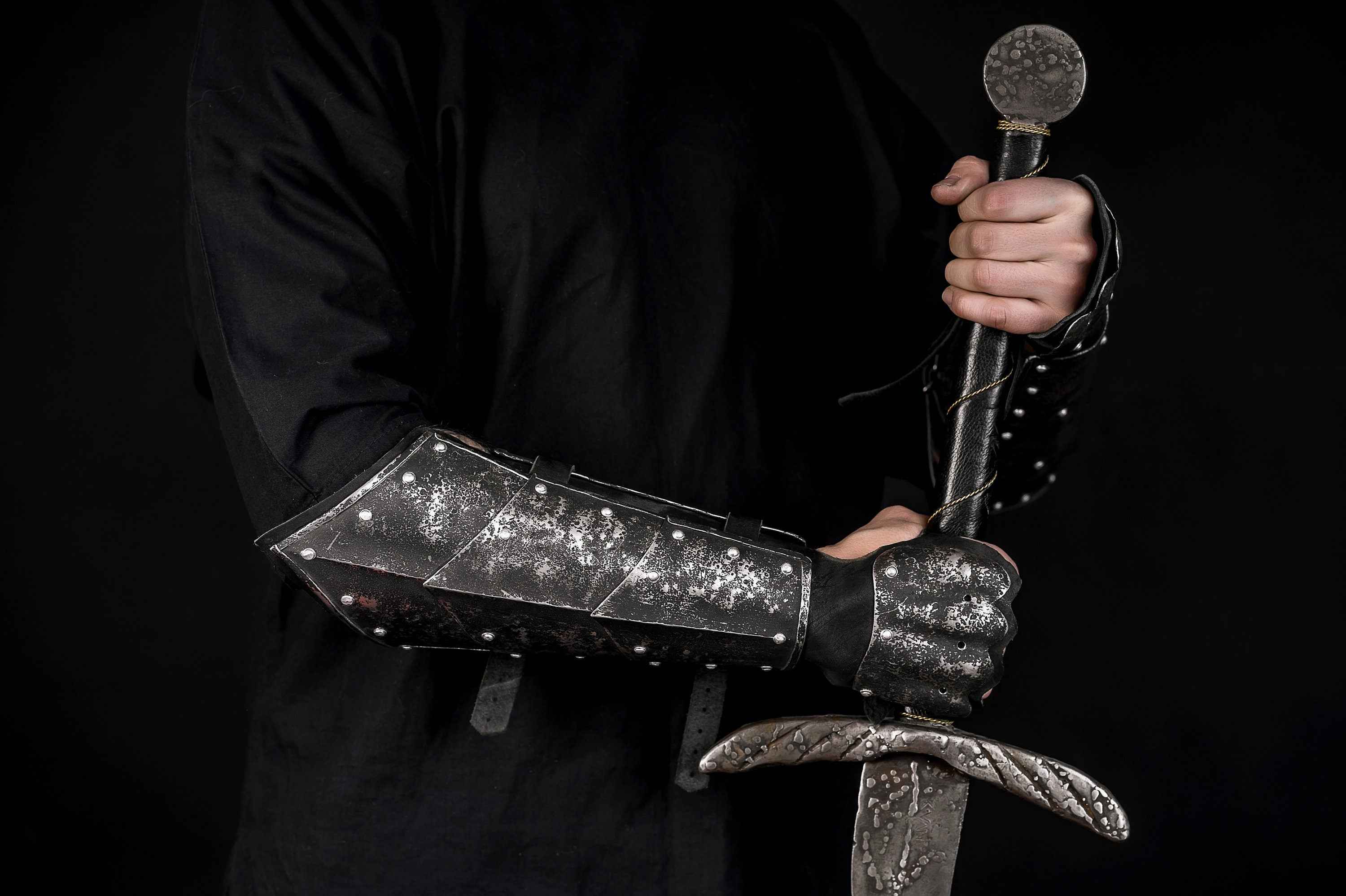 Medieval leather bracers with hand protection