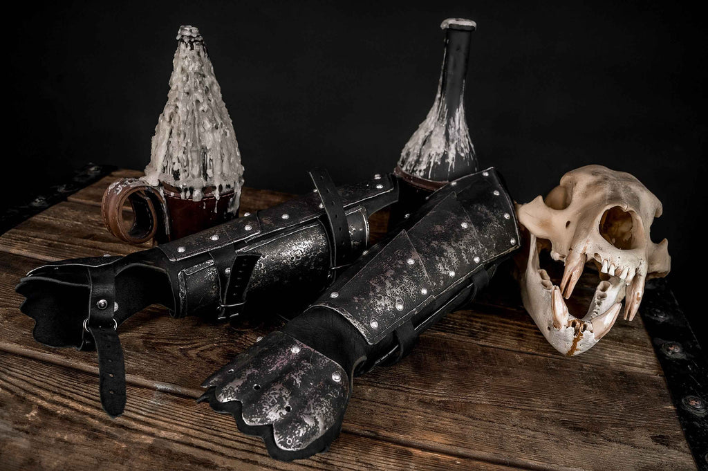 Medieval leather bracers with hand protection