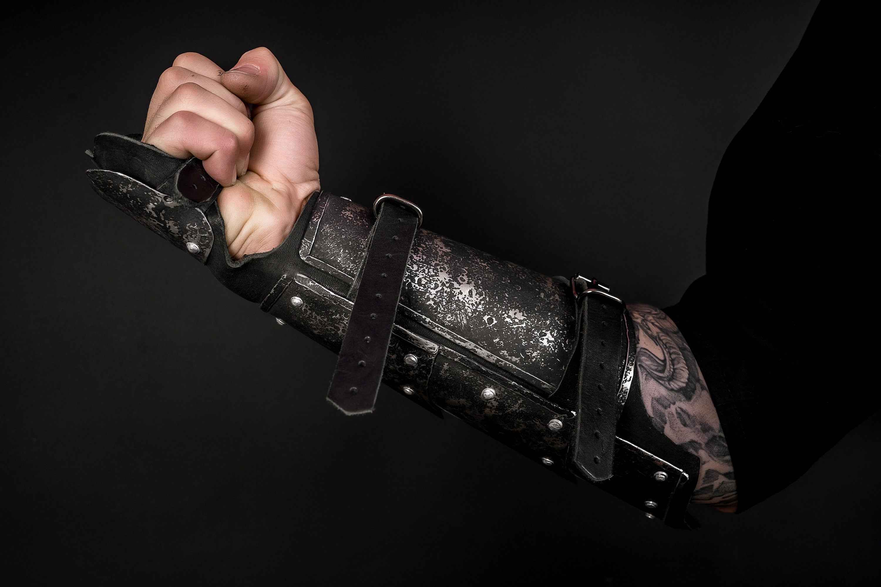 Medieval leather bracers with hand protection
