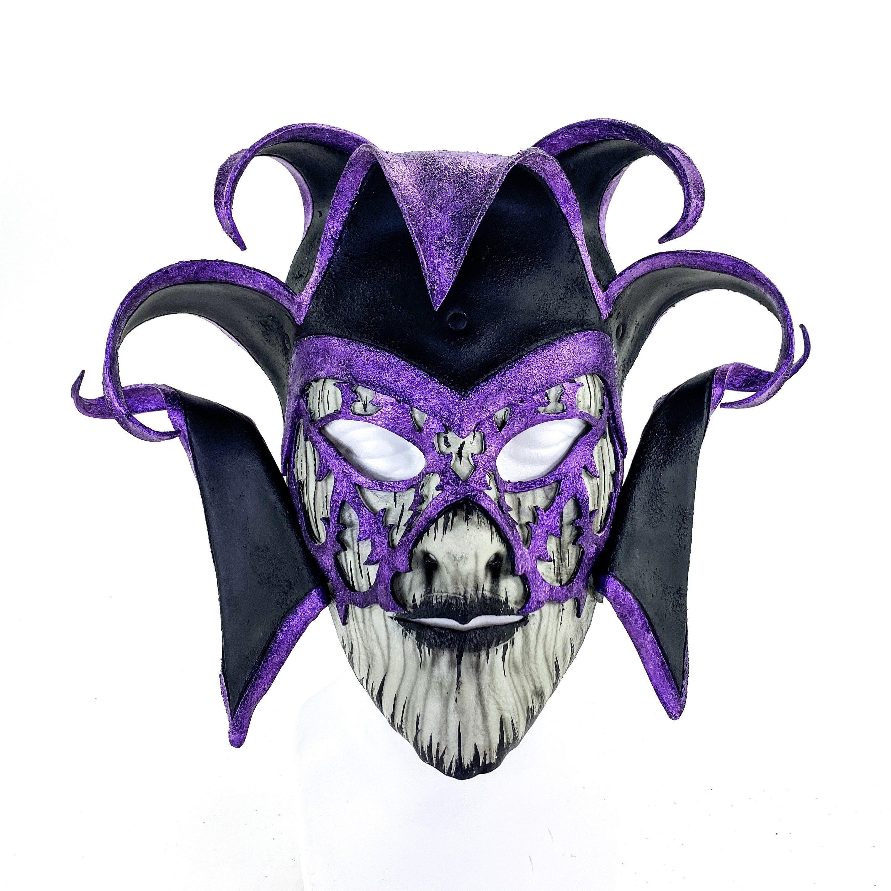 Venetian inspired Jester Mask in Purple and Black - Wearable or Wall Art - Handmade Genuine Leather