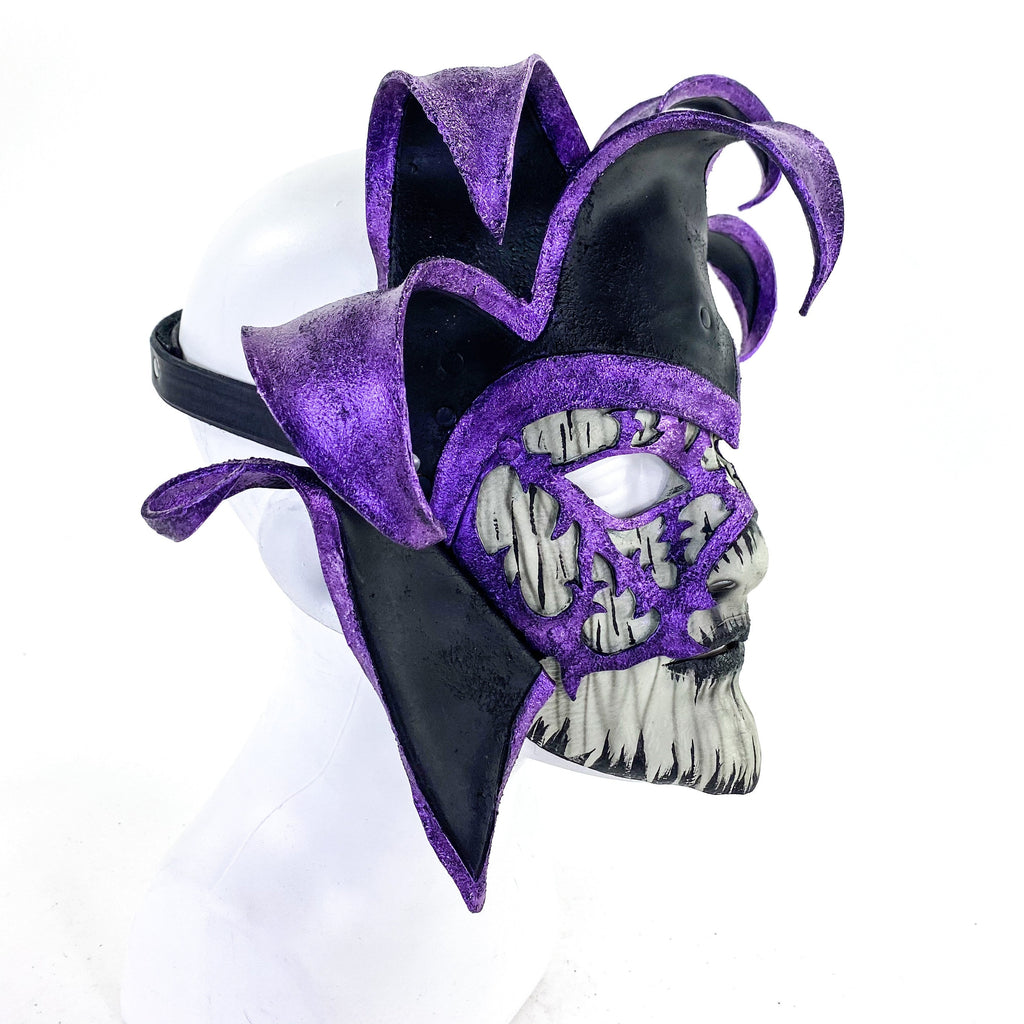 Venetian inspired Jester Mask in Purple and Black - Wearable or Wall Art - Handmade Genuine Leather