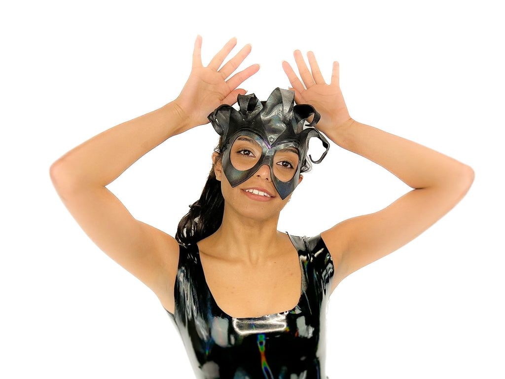 Handmade Genuine Leather Five Point Jester Mask in cosmic silver and Black No Bells