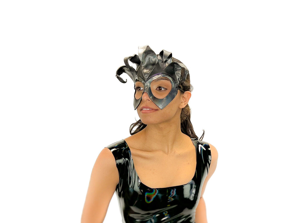 Handmade Genuine Leather Five Point Jester Mask in cosmic silver and Black No Bells