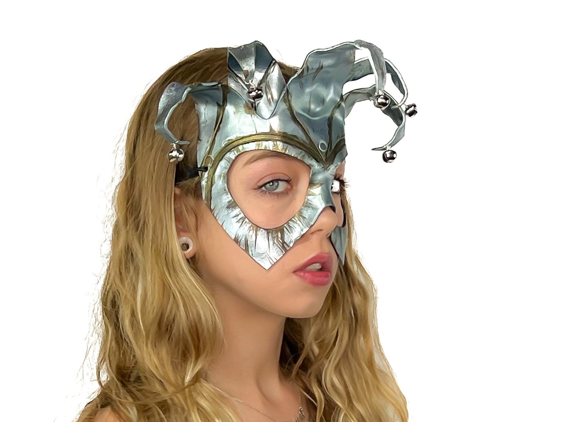 Handmade Genuine Leather Five Point Jester Mask in Patina Silver