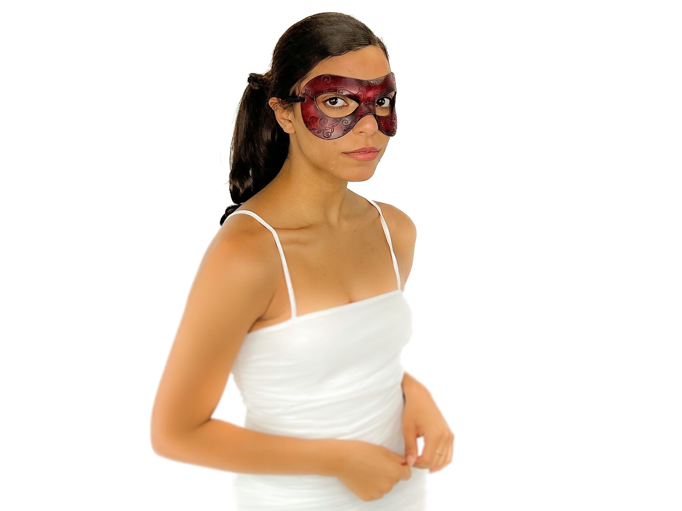 Ornate Masquerade Handmade Genuine Leather Eye Mask in Red and Black