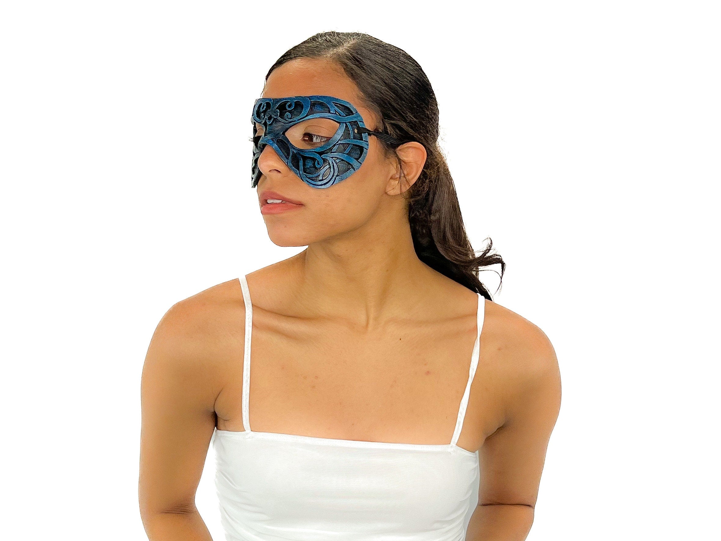 Dual Layer Ornate Masquerade Handmade Genuine Leather Eye Mask in Blue and Black