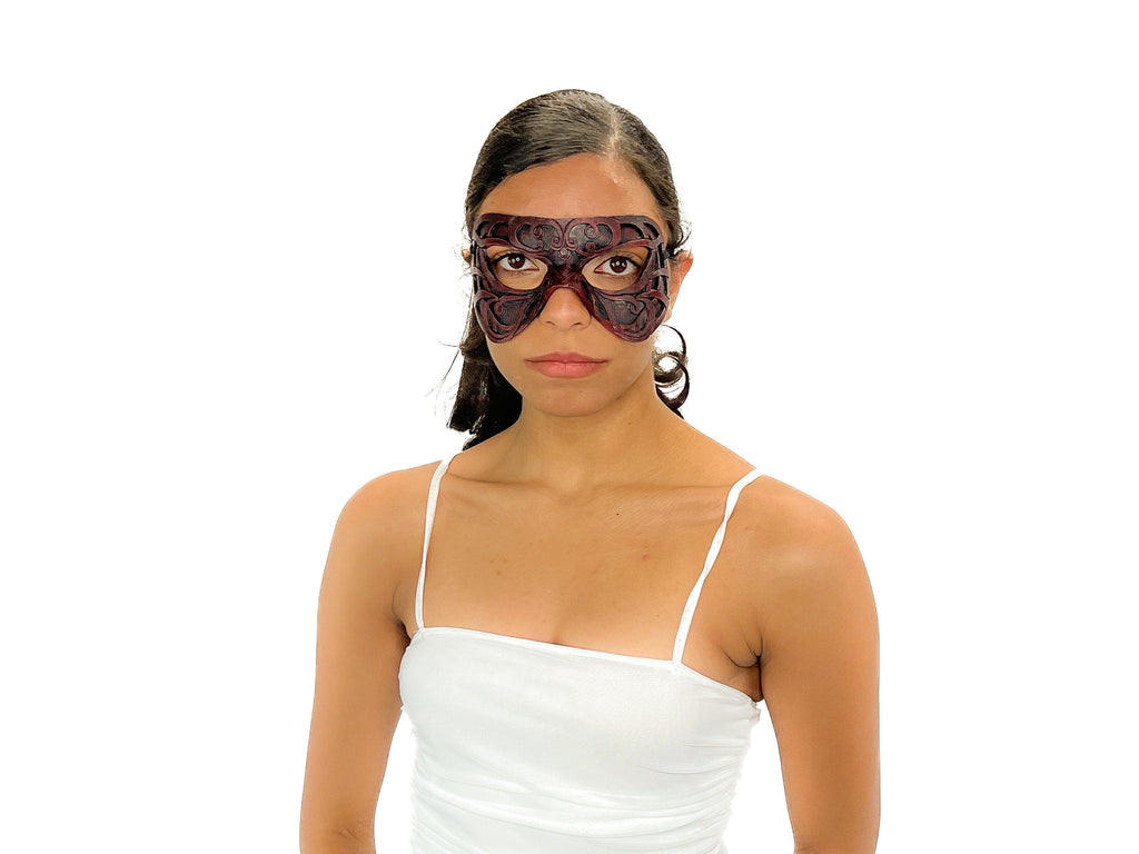 Dual Layer Ornate Masquerade Handmade Genuine Leather Eye Mask in Red