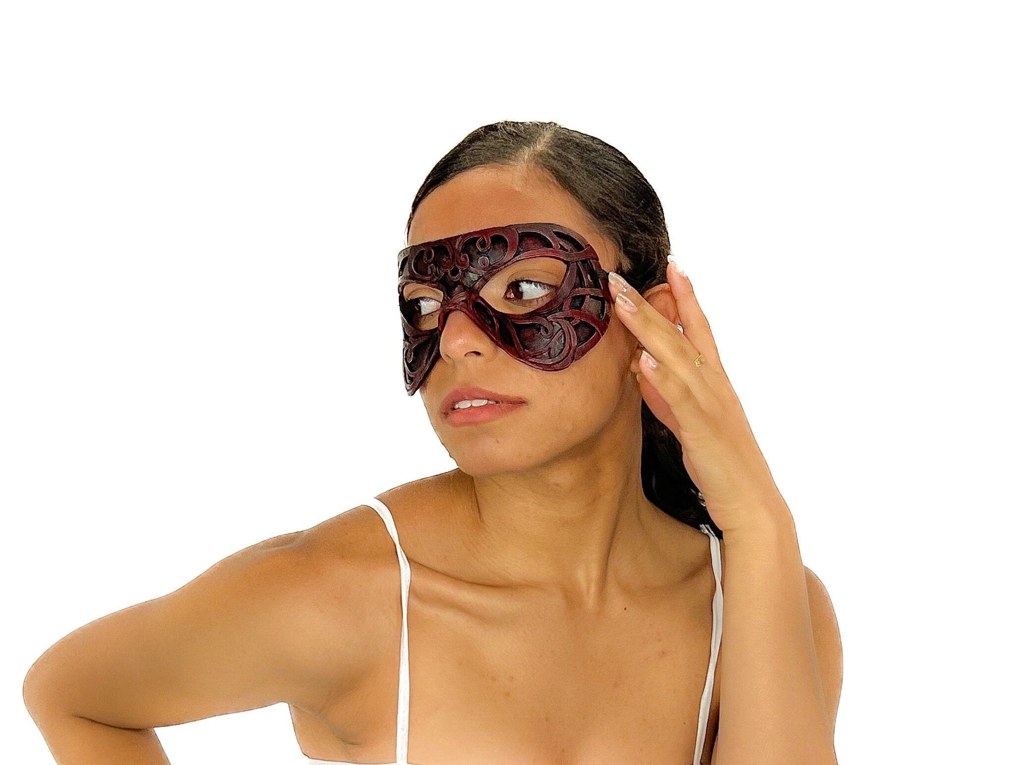 Dual Layer Ornate Masquerade Handmade Genuine Leather Eye Mask in Red