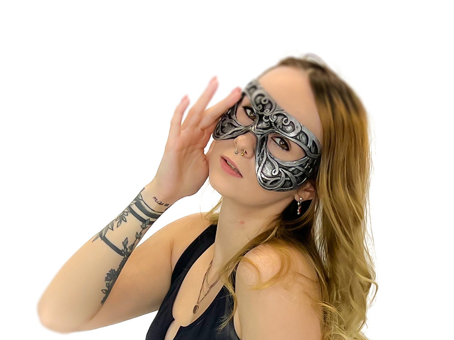 Dual Layer Ornate Masquerade Handmade Genuine Leather Eye Mask in Silver