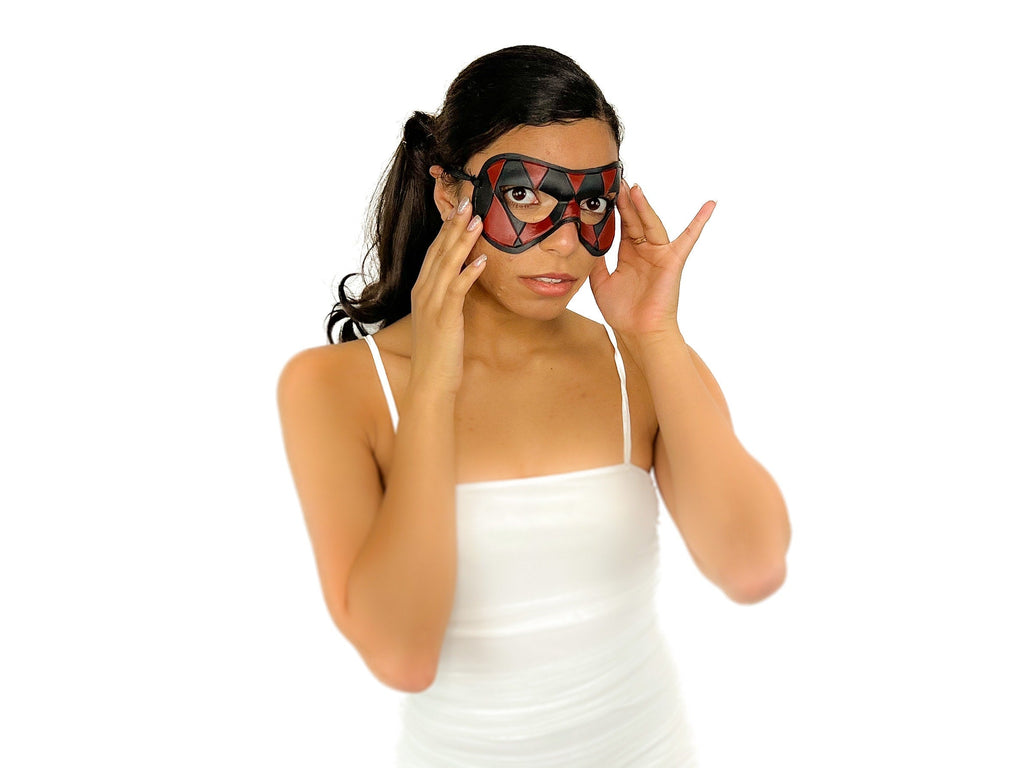 Compact Harlequin Handmade Genuine Leather Mask in Red and Black