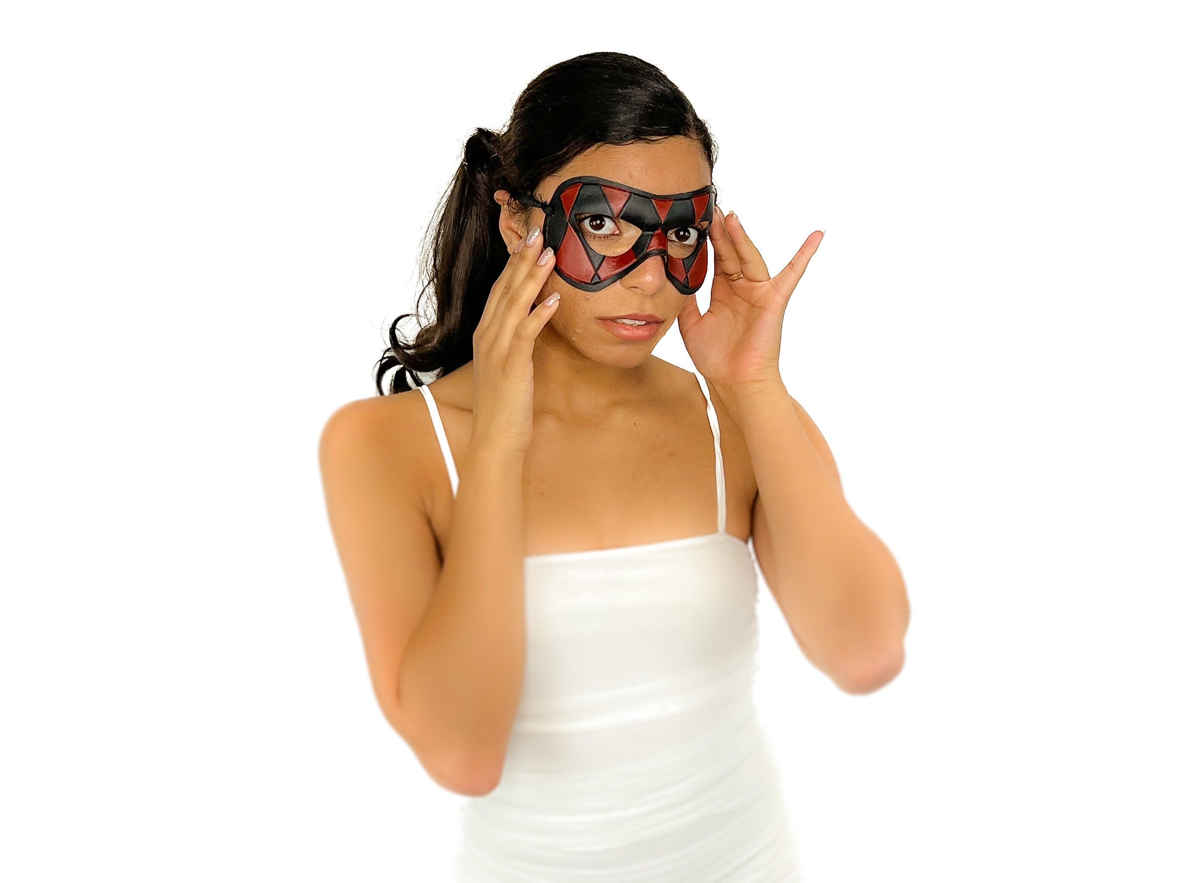 Compact Harlequin Handmade Genuine Leather Mask in Red and Black