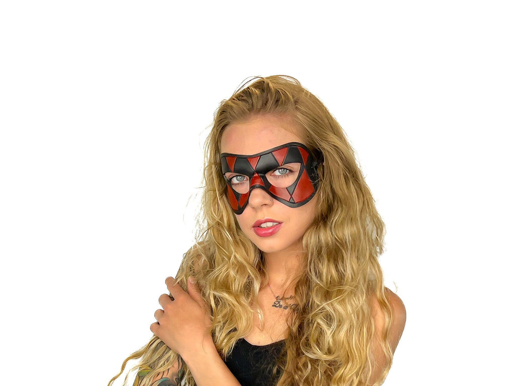 Compact Harlequin Handmade Genuine Leather Mask in Red and Black