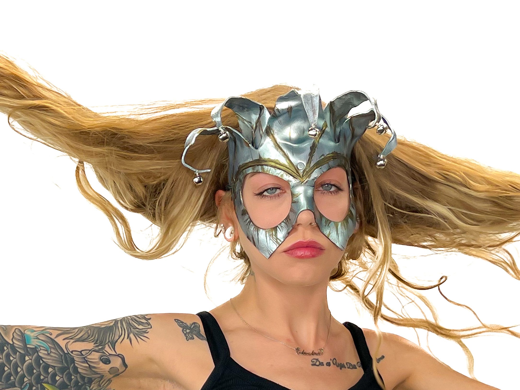 Handmade Genuine Leather Five Point Jester Mask in Patina Silver