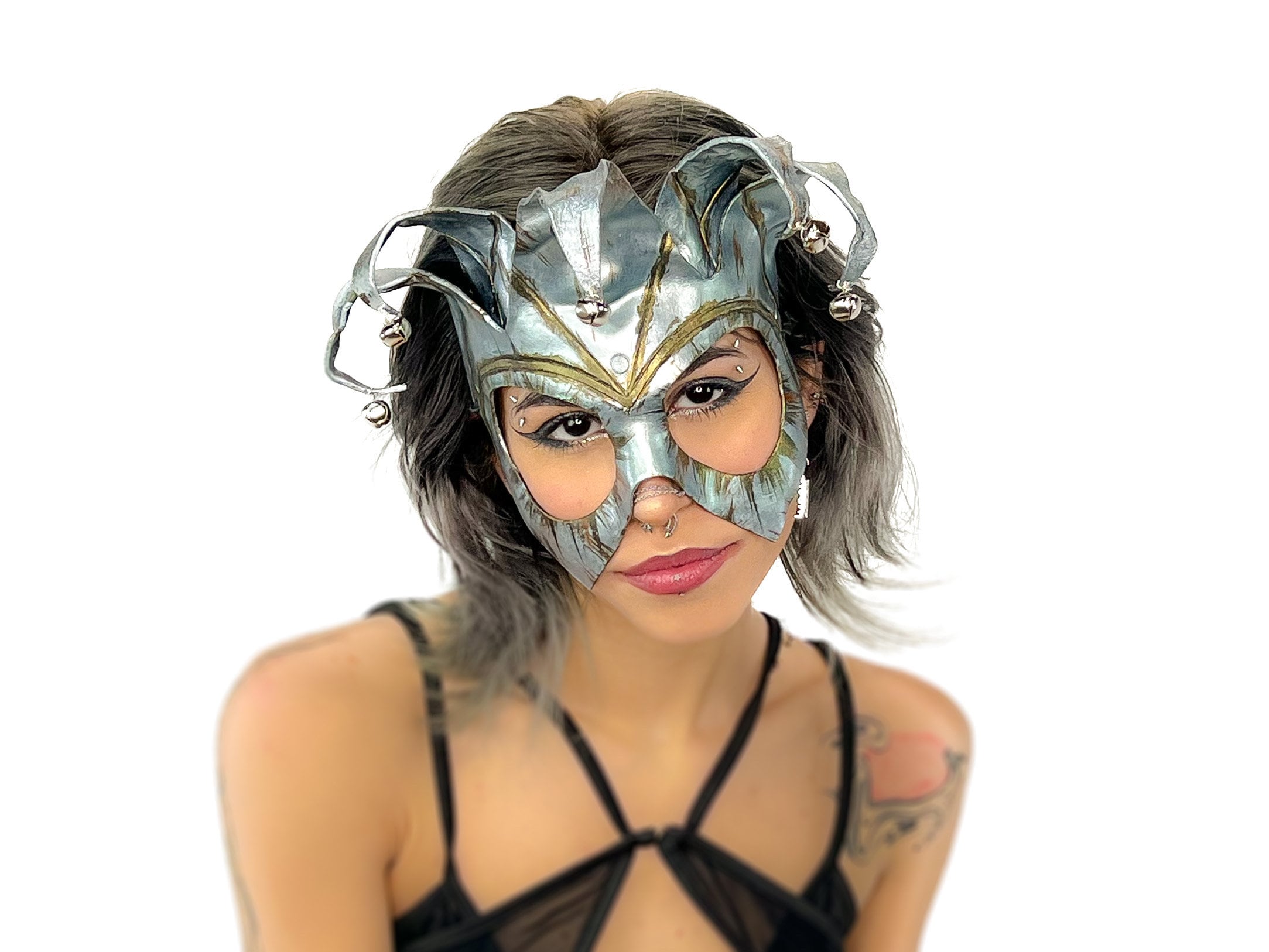 Handmade Genuine Leather Five Point Jester Mask in Patina Silver