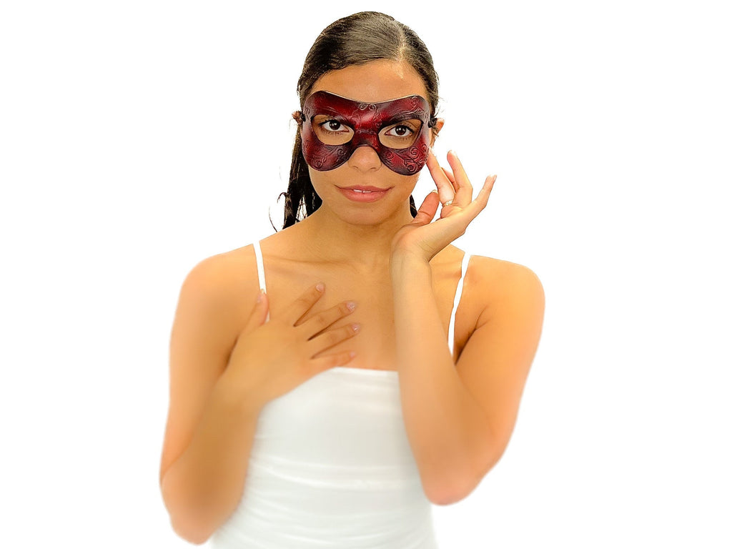 Ornate Masquerade Handmade Genuine Leather Eye Mask in Red and Black