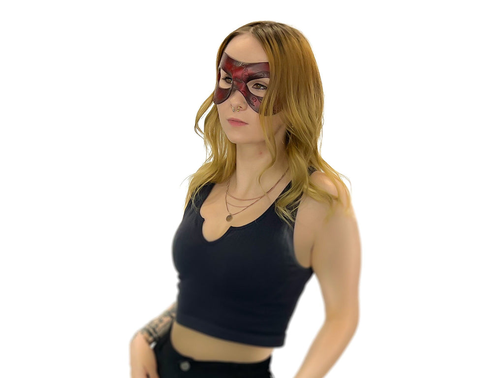 Ornate Masquerade Handmade Genuine Leather Eye Mask in Red and Black