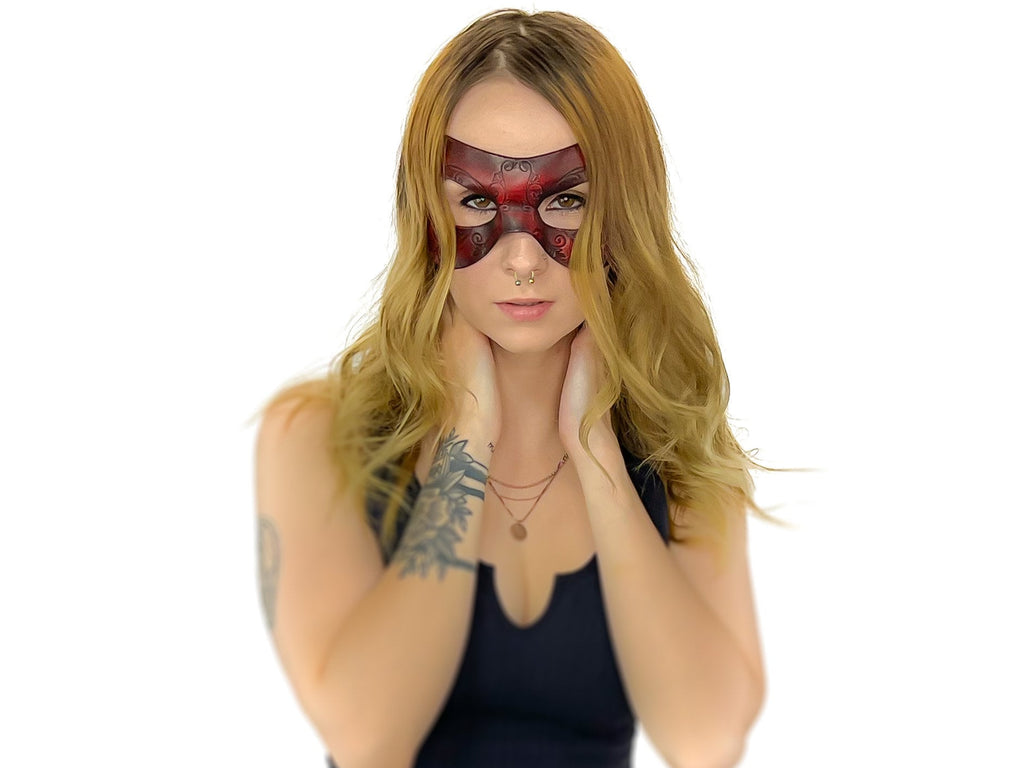 Ornate Masquerade Handmade Genuine Leather Eye Mask in Red and Black