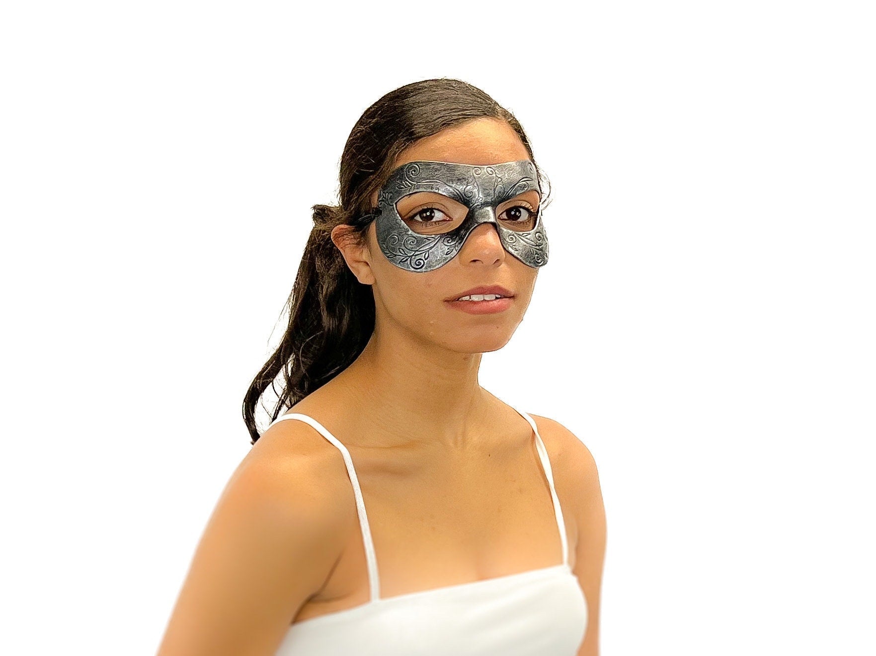 Ornate Masquerade Handmade Genuine Leather Eye Mask in Silver