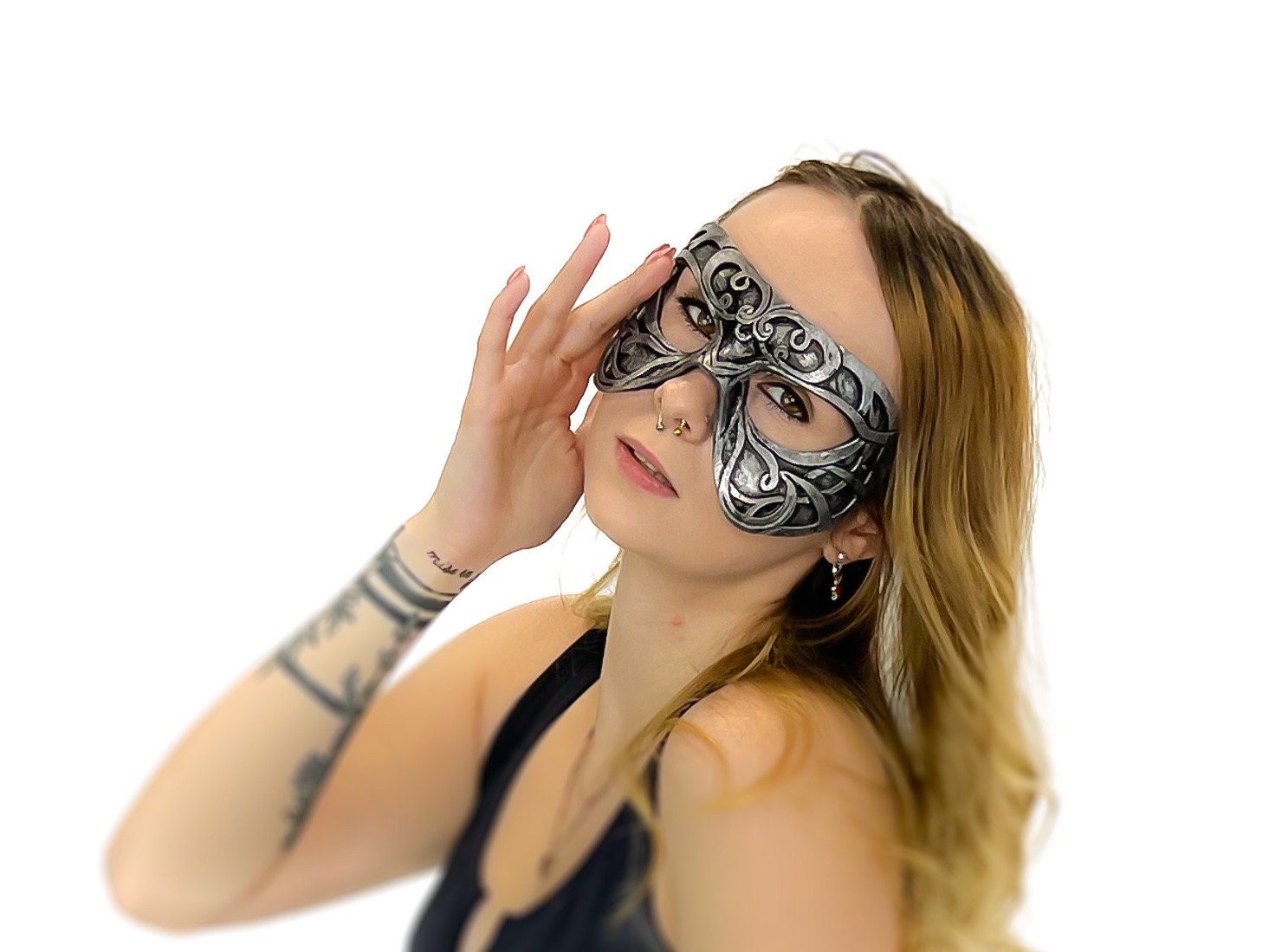 Dual Layer Ornate Masquerade Handmade Genuine Leather Eye Mask in Silver