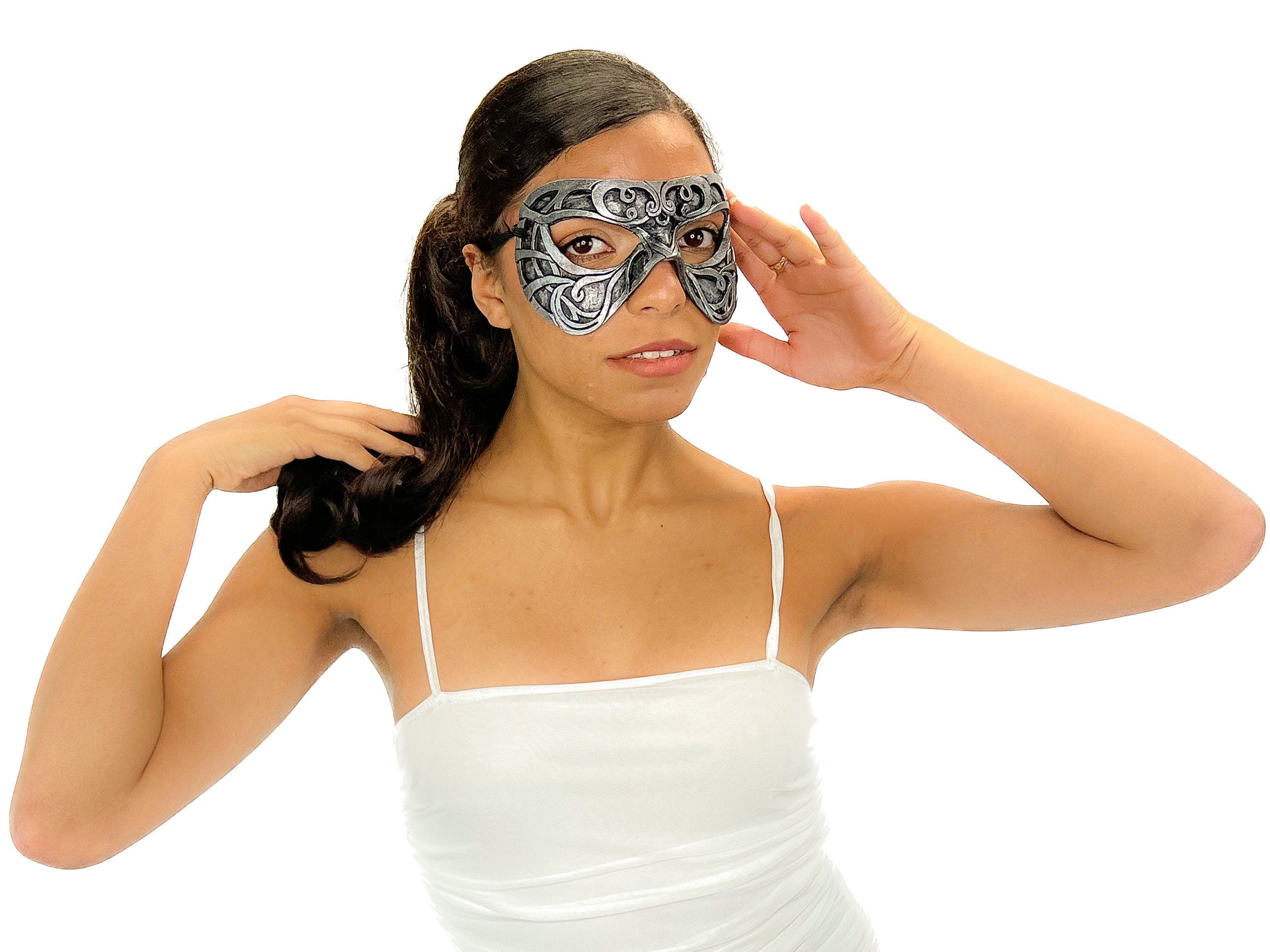 Dual Layer Ornate Masquerade Handmade Genuine Leather Eye Mask in Silver