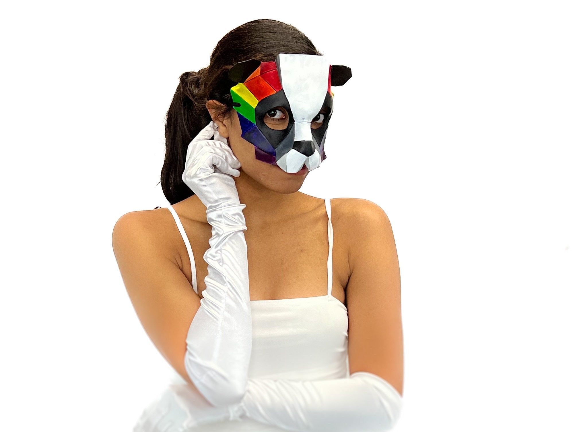 Geometric Rainbow Panda Bear Leather Mask