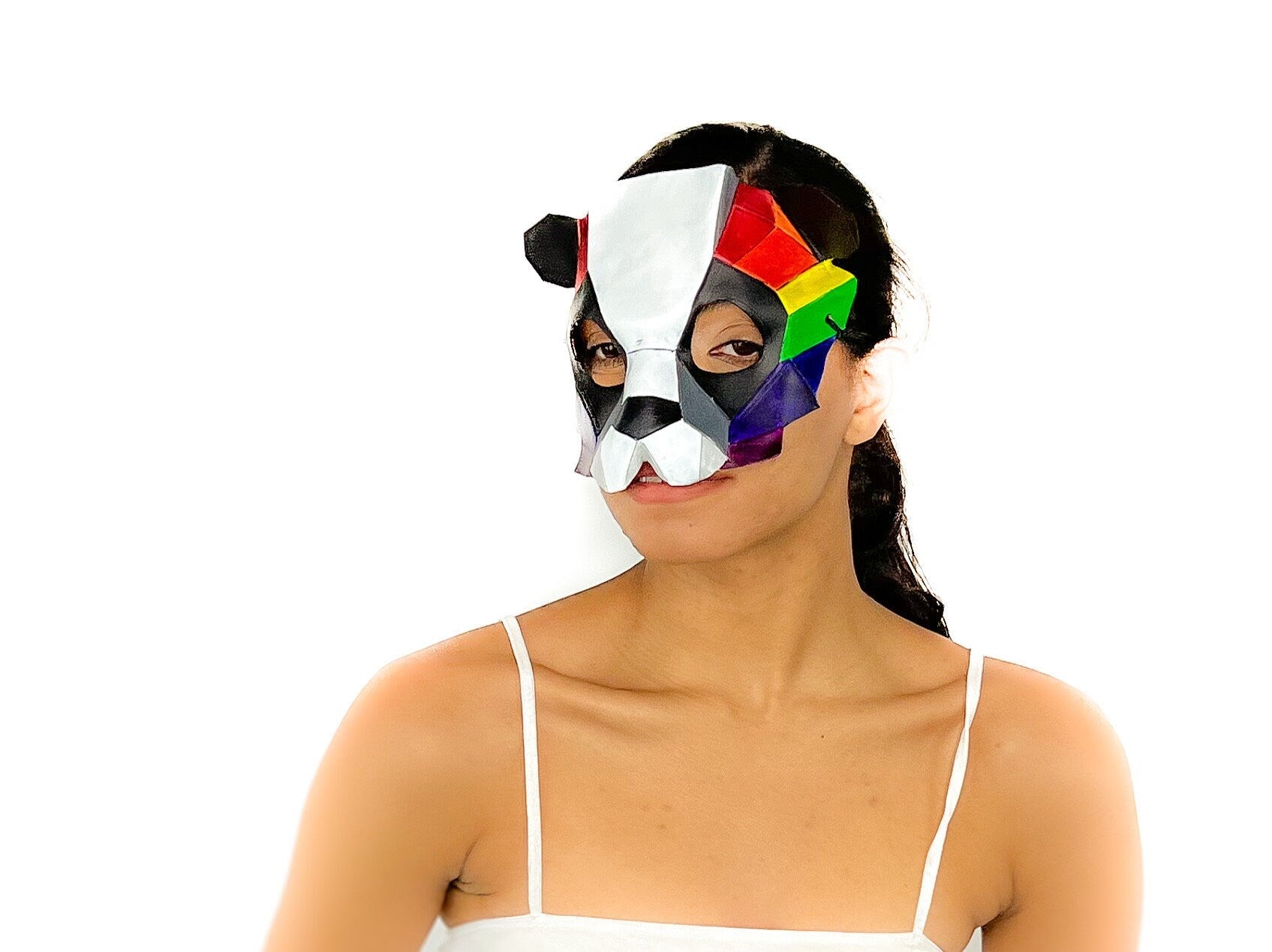 Geometric Rainbow Panda Bear Leather Mask