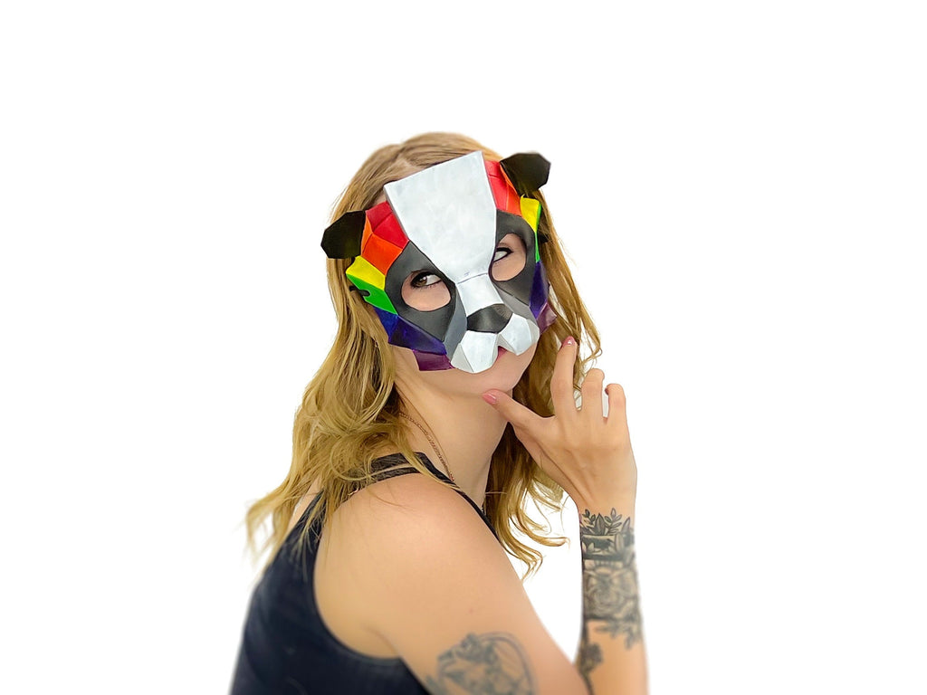 Geometric Rainbow Panda Bear Leather Mask