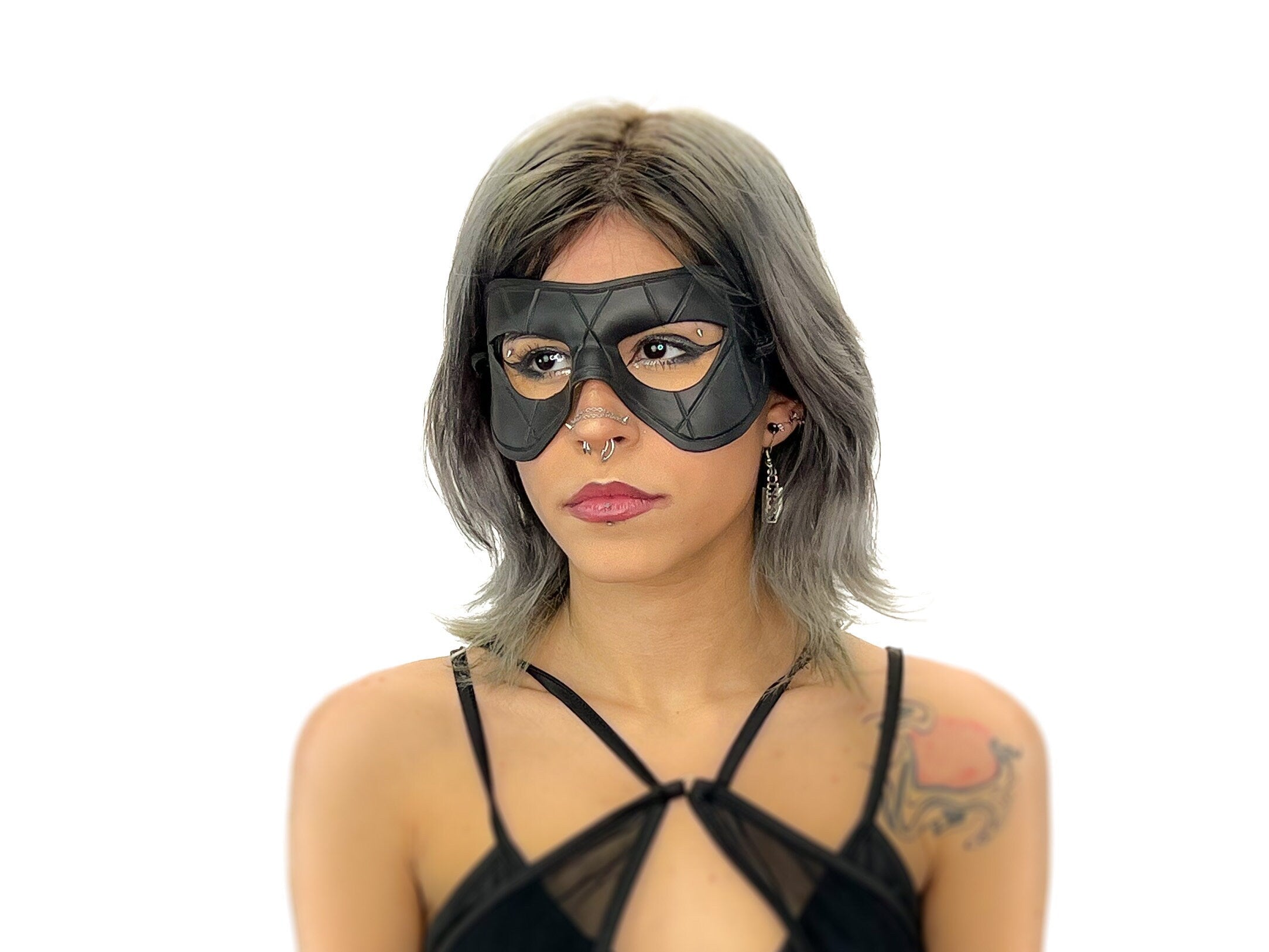 Compact Harlequin Handmade Genuine Leather Mask in Solid Black
