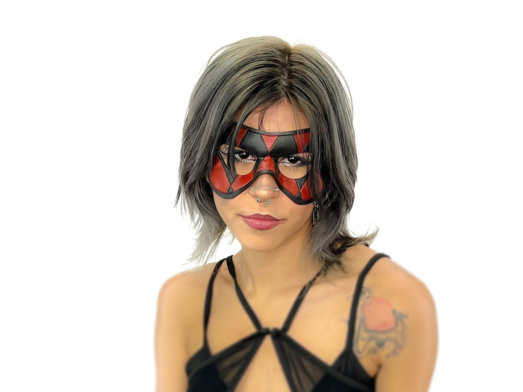 Compact Harlequin Handmade Genuine Leather Mask in Red and Black