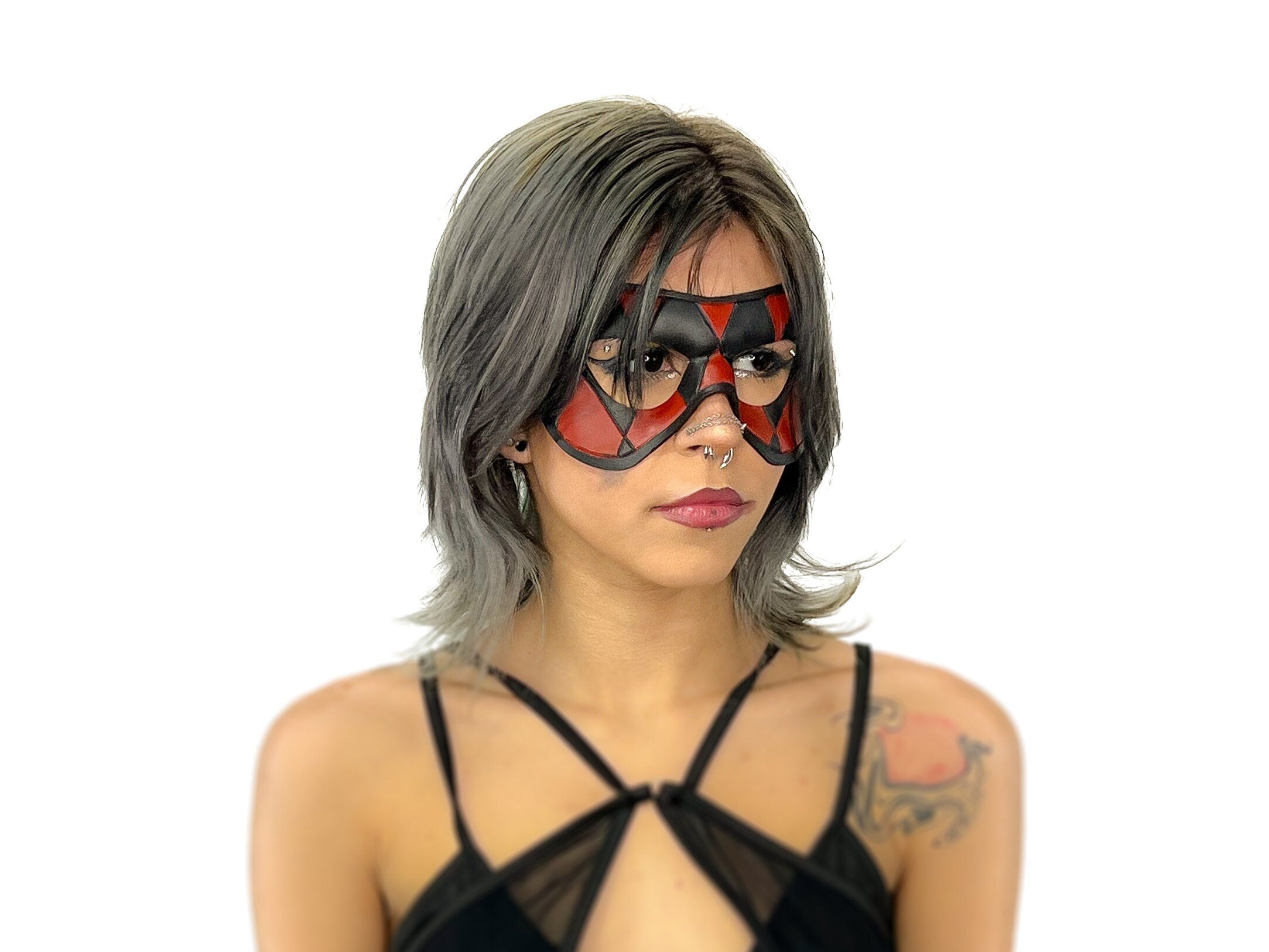 Compact Harlequin Handmade Genuine Leather Mask in Red and Black