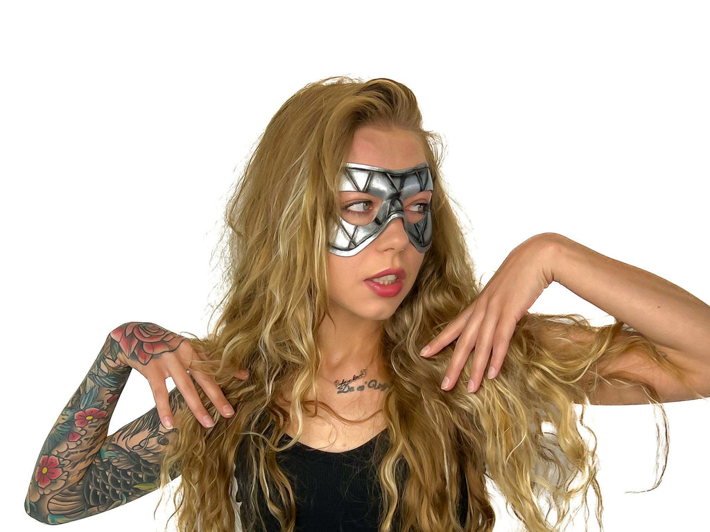 Compact Harlequin Handmade Genuine Leather Mask in Silver