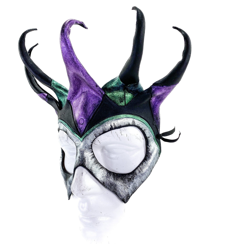 Five Point Jester Eye Mask in Purple and Green - Handmade Genuine Leather