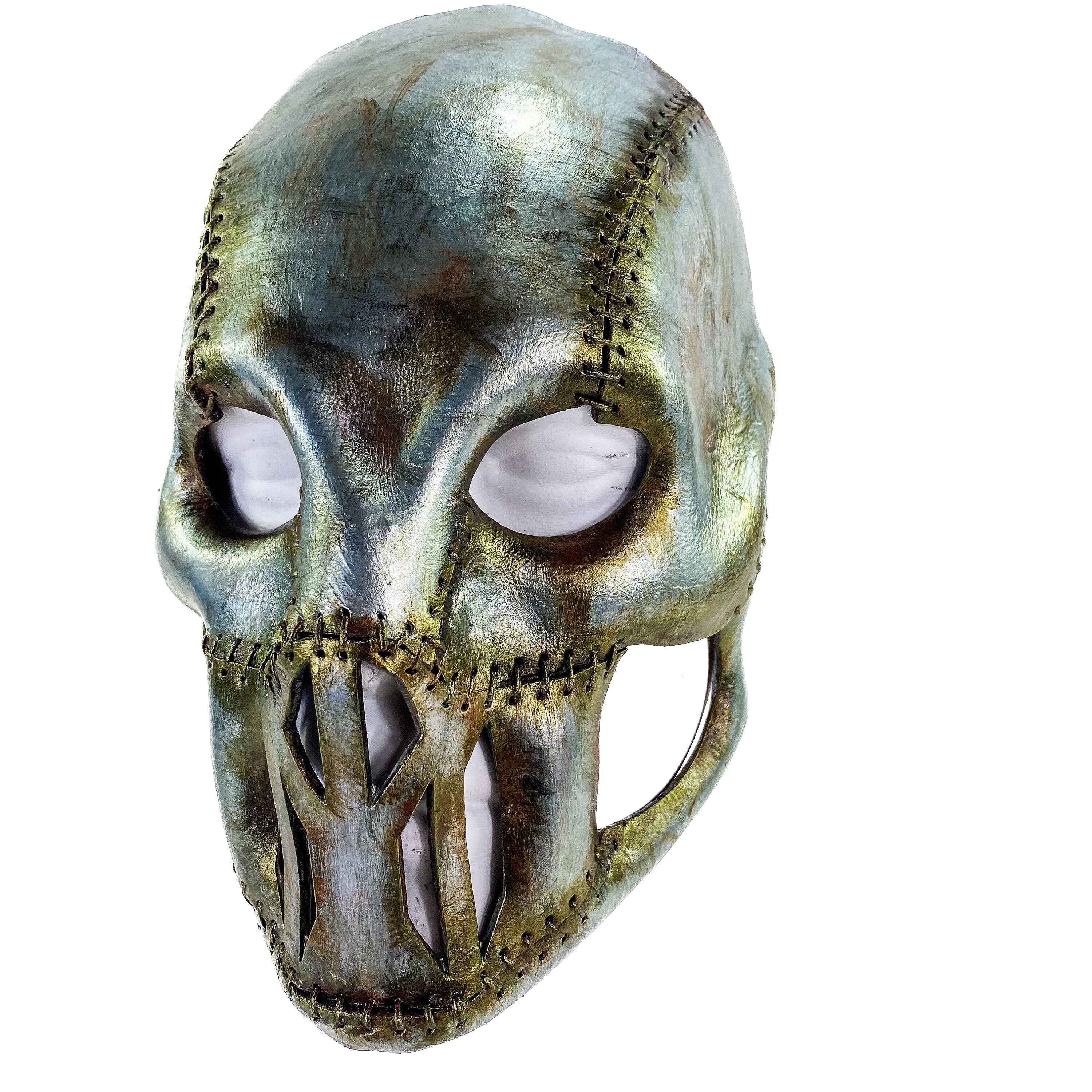Invader - Genuine Leather Mask in Corroded Metallic Paint - Handmade Full Face Cover for Halloween, Performance or Cosplay