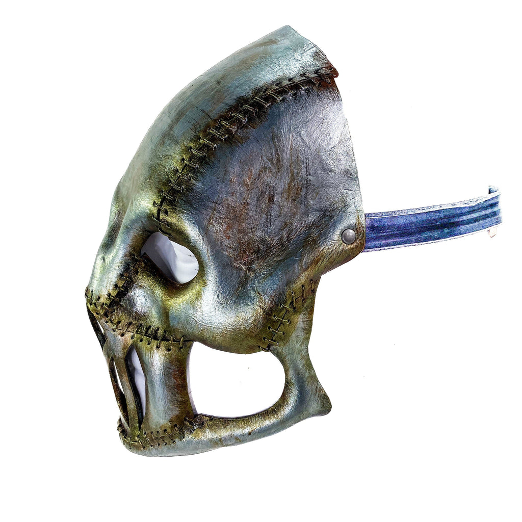 Invader - Genuine Leather Mask in Corroded Metallic Paint - Handmade Full Face Cover for Halloween, Performance or Cosplay