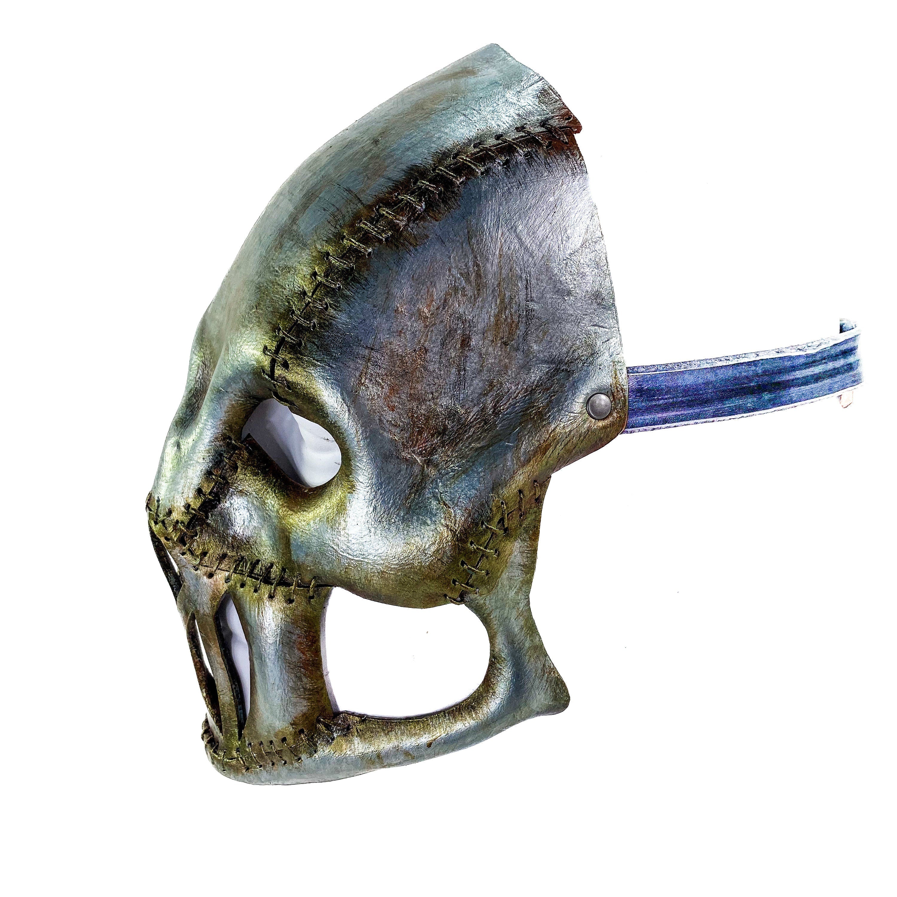 Invader - Genuine Leather Mask in Corroded Metallic Paint - Handmade Full Face Cover for Halloween, Performance or Cosplay