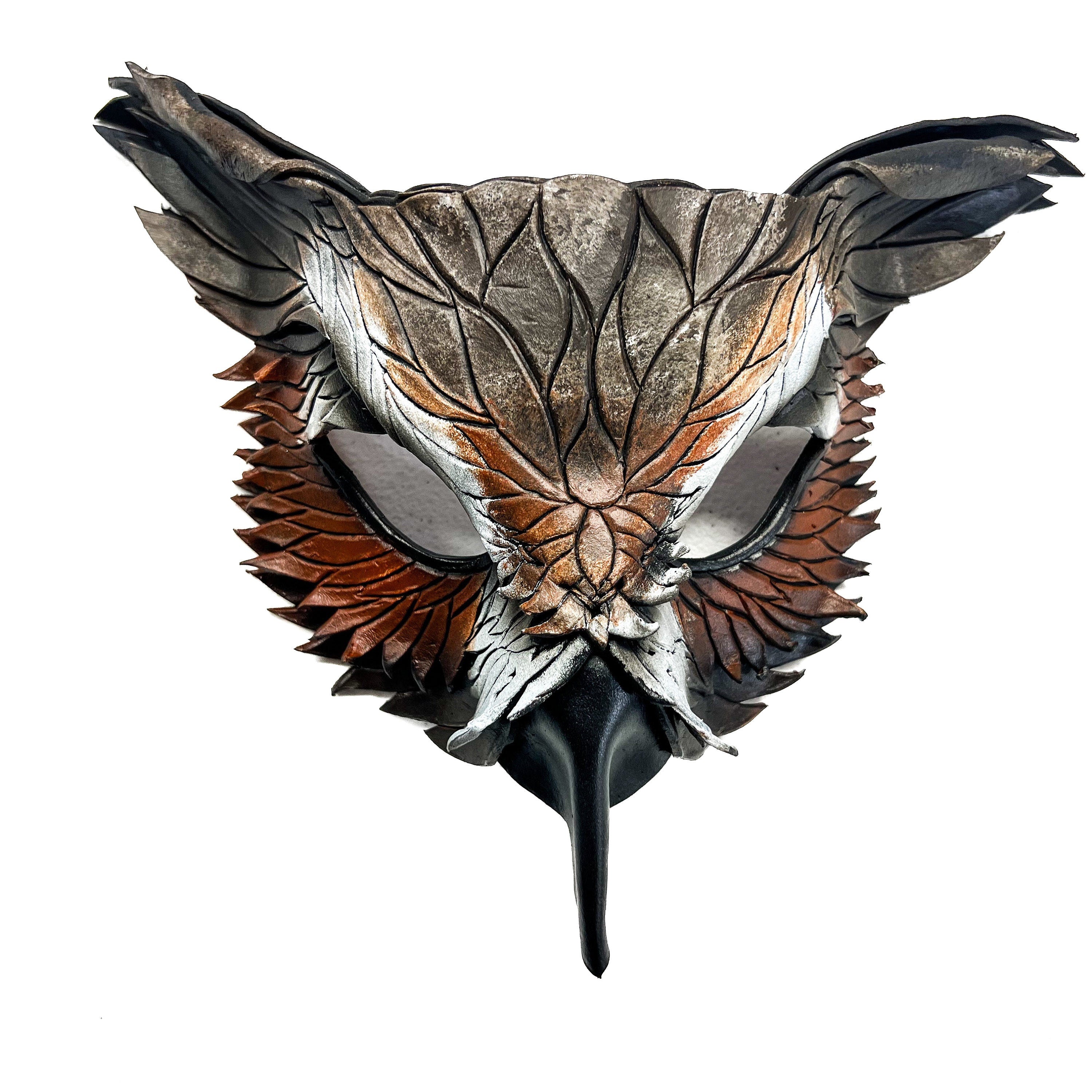 Layered Horned Owl Handmade Genuine Leather Mask