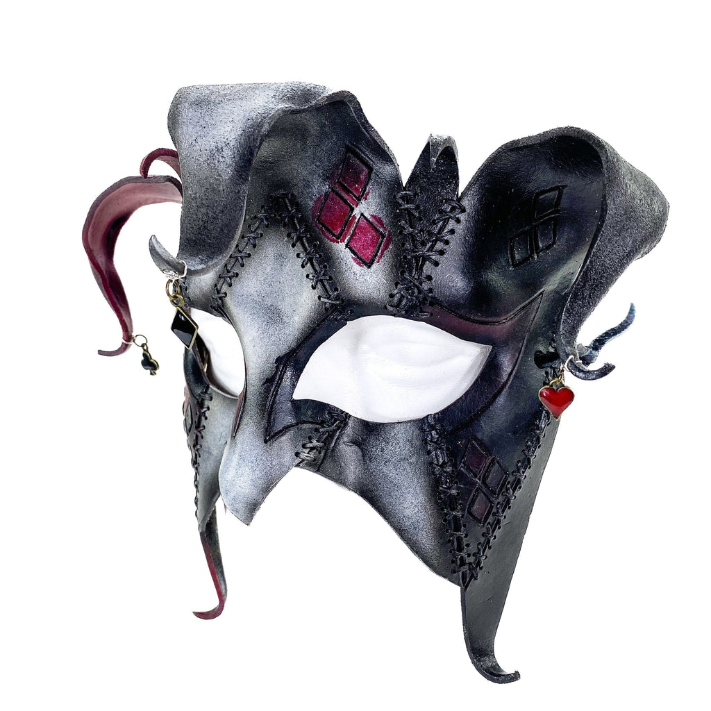 The Joker's Card - Grungy Joker Jester Handmade Genuine Leather Mask in Red with Charms