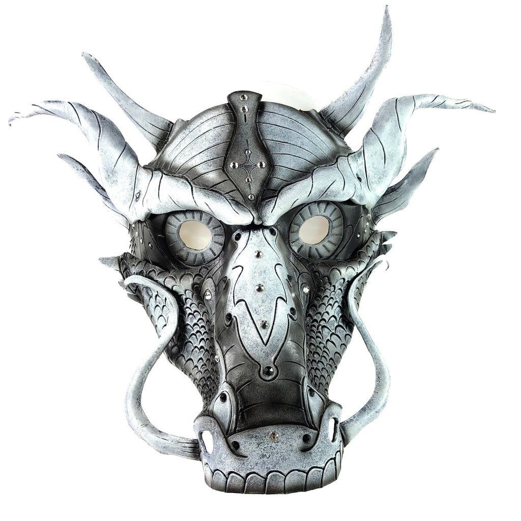 Grey Ancient Dragon Leather Mask with Swarovski Crystals